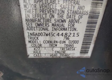 2005 Nissan Frontier Se из США, поврежденный, VIN 1N6AD07W45C448215